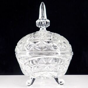Cut Crystal Lidded Compote Candy Dish Three Footed 2 pc Floral Cut Bowl Vtg 60's